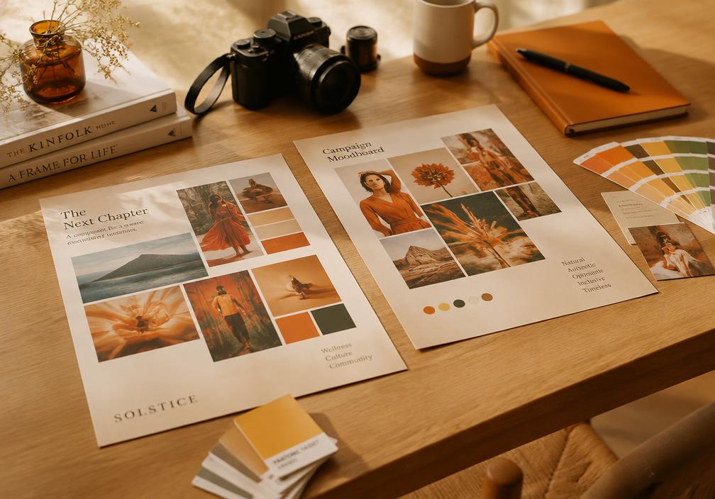 Campaign mood boards on a creative studio desk