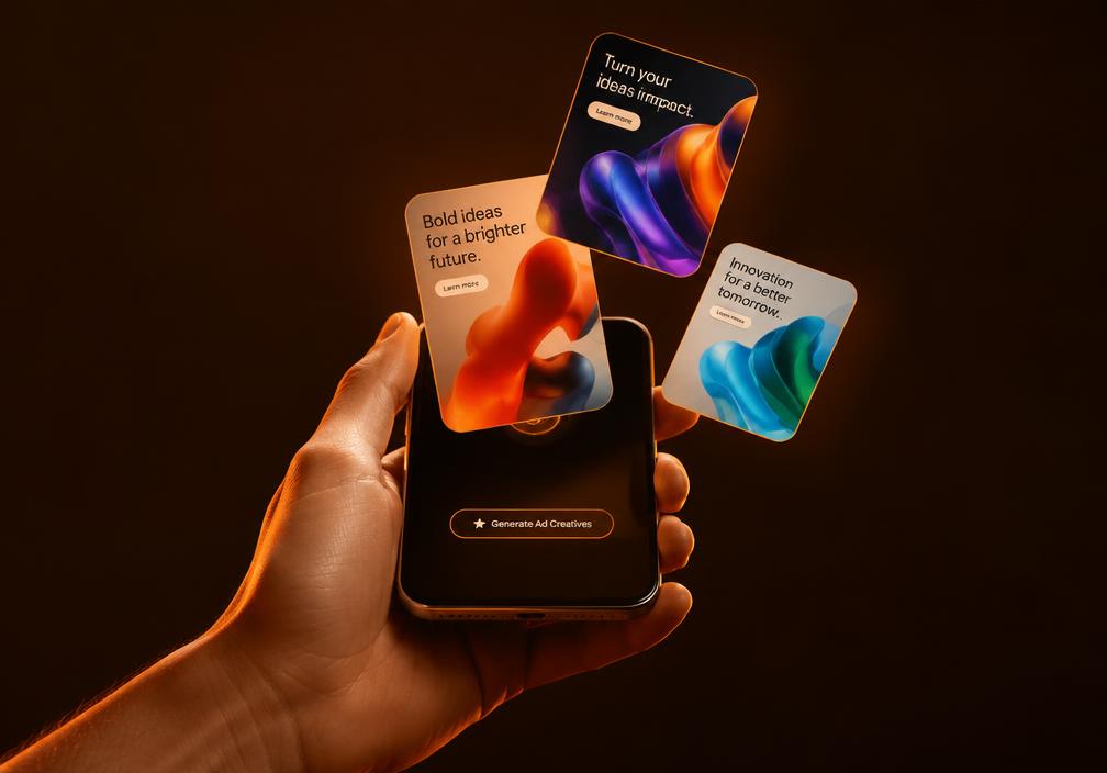 Ad creative cards rising from a smartphone