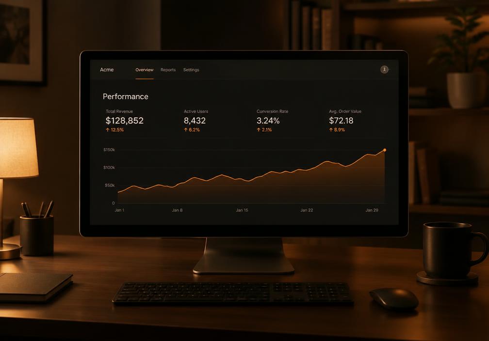A monitor showing a rising performance chart