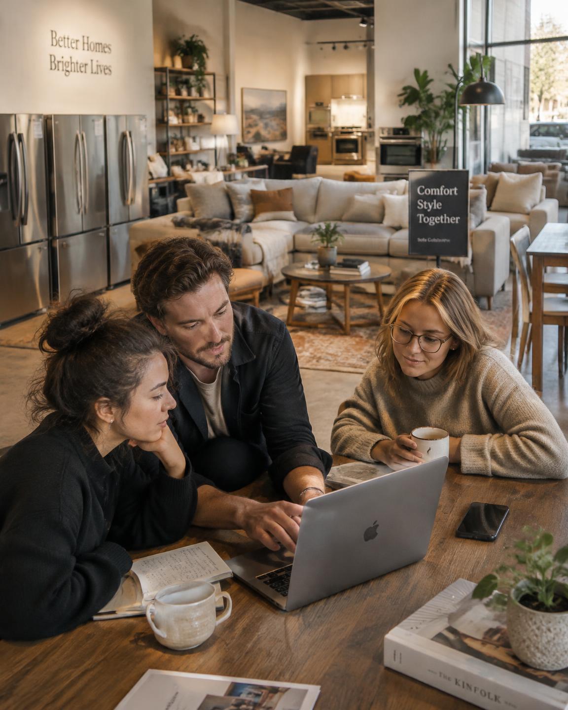 A retail team reviewing advertising performance in a furniture and appliance showroom