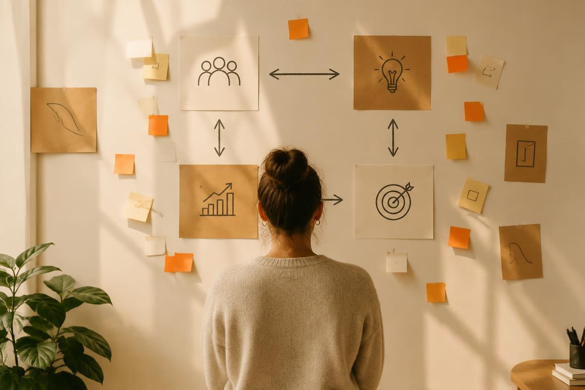 A strategist studying connected ideas on a wall